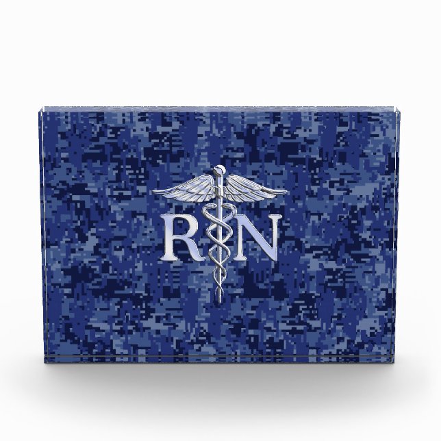 Registered Nurse RN Caduceus on Navy Blue Camo Acrylic Award (Front)