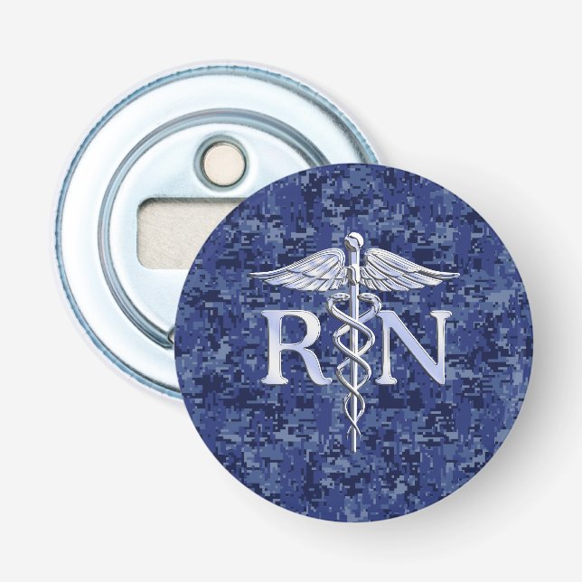 Registered Nurse RN Caduceus on Navy Blue Camo Bottle Opener (Front)