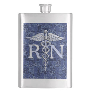 Registered Nurse RN Caduceus on Navy Blue Camo Flask