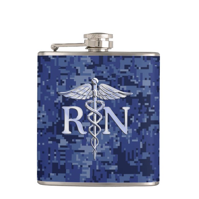 Registered Nurse RN Caduceus on Navy Blue Camo Flask (Front)