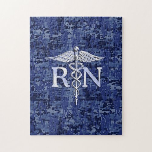 Registered Nurse RN Caduceus on Navy Blue Camo Jigsaw Puzzle