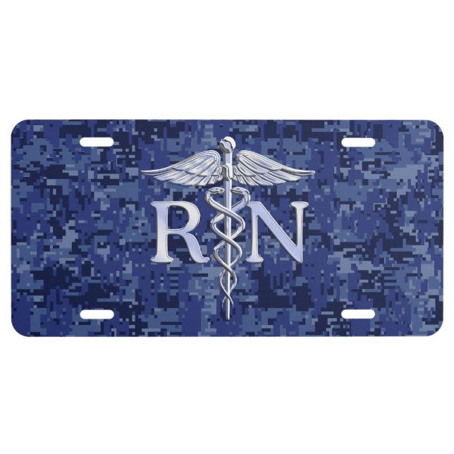 Registered Nurse RN Caduceus on Navy Blue Camo License Plate (Front)
