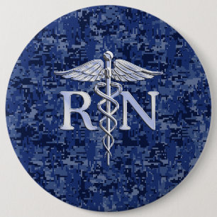 Registered Nurse RN Caduceus on Navy Blue Camo Pinback Button
