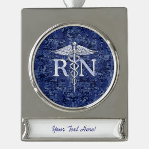 Registered Nurse RN Caduceus on Navy Blue Camo Silver Plated Banner Ornament