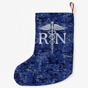 Registered Nurse RN Caduceus on Navy Blue Camo Small Christmas Stocking