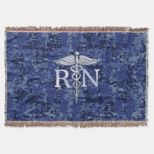 Registered Nurse RN Caduceus on Navy Blue Camo Throw Blanket