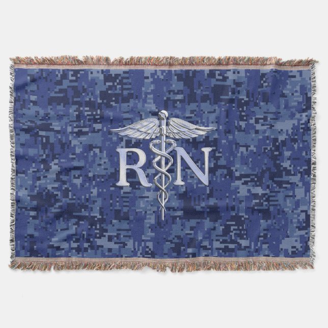 Registered Nurse RN Caduceus on Navy Blue Camo Throw Blanket (Front)