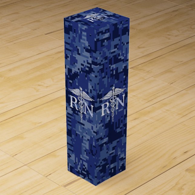 Registered Nurse RN Caduceus on Navy Blue Camo Wine Box (Front)