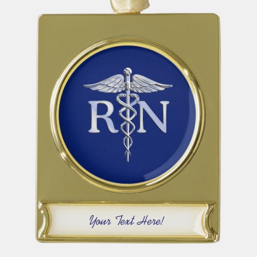 Registered Nurse RN Caduceus on Navy Blue Decor Gold Plated Banner Ornament