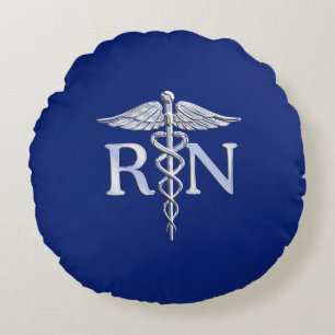 Registered Nurse RN Caduceus on Navy Blue Decor Round Pillow