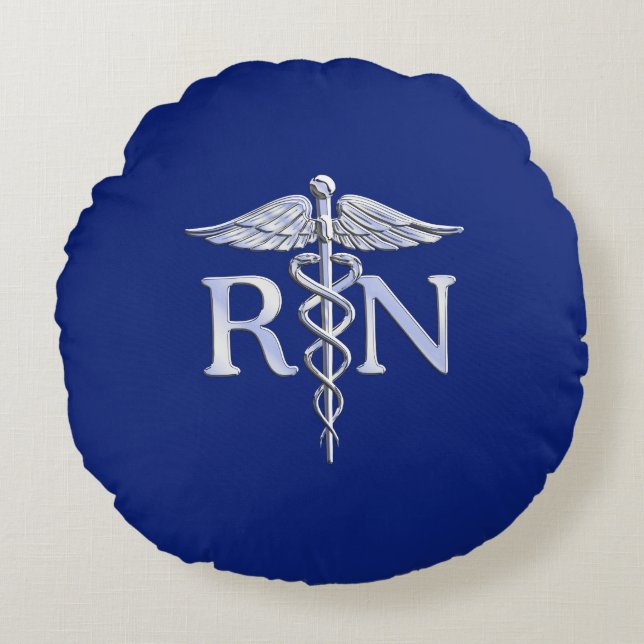 Registered Nurse RN Caduceus on Navy Blue Decor Round Pillow (Front)