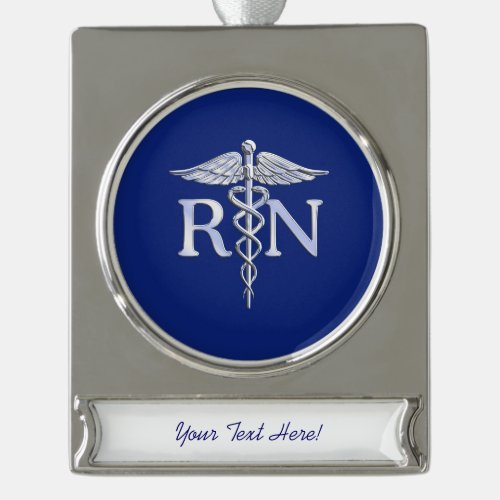 Registered Nurse RN Caduceus on Navy Blue Decor Silver Plated Banner Ornament
