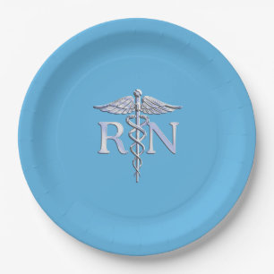 Registered Nurse RN Caduceus on Pastel Blue Paper Plates