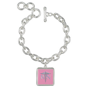 Registered Nurse RN Caduceus on Pastel Pink Charm Bracelet