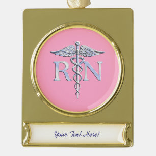 Registered Nurse RN Caduceus on Pastel Pink Gold Plated Banner Ornament