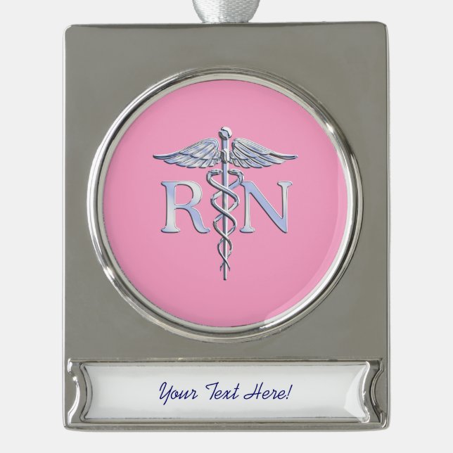 Registered Nurse RN Caduceus on Pastel Pink Silver Plated Banner Ornament (Front)