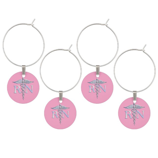 Registered Nurse RN Caduceus on Pastel Pink Wine Charm (Staggered)