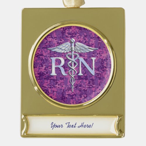 Registered Nurse RN Caduceus on Pink Camouflage Gold Plated Banner Ornament