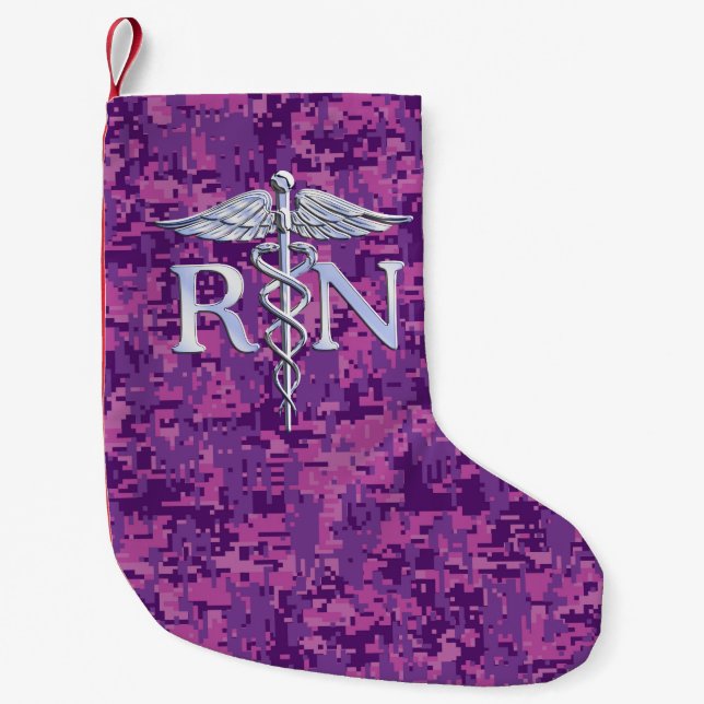 Registered Nurse RN Caduceus on Pink Camouflage Small Christmas Stocking (Front)