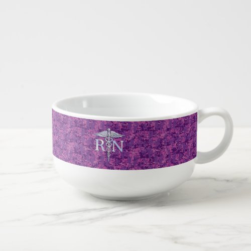 Registered Nurse RN Caduceus on Pink Camouflage Soup Mug