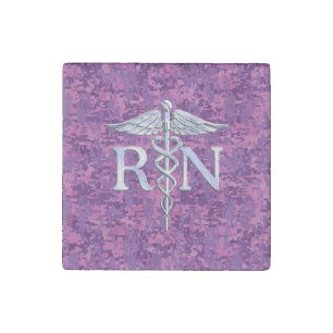 Registered Nurse RN Caduceus on Pink Camouflage Stone Magnet