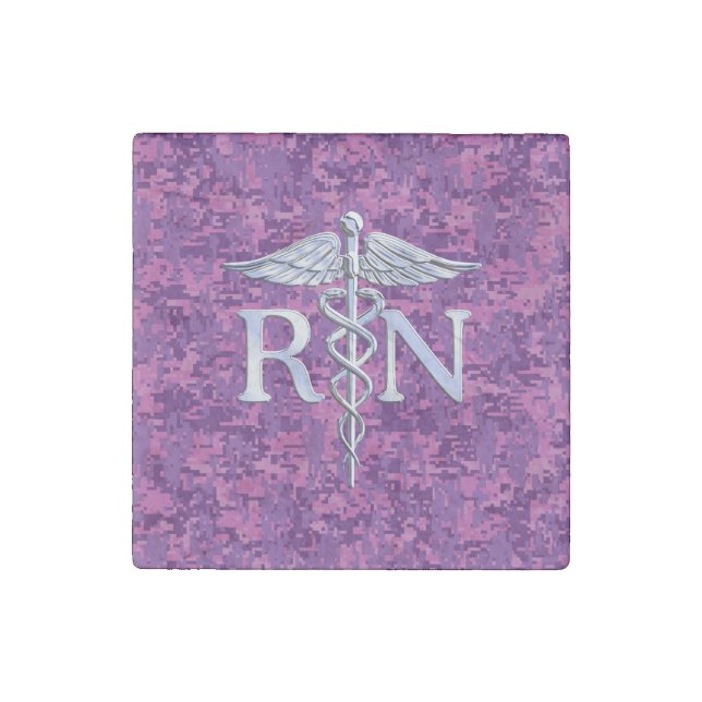 Registered Nurse RN Caduceus on Pink Camouflage Stone Magnet (Front)