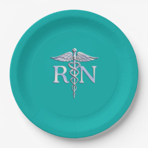 Registered Nurse RN Caduceus on Vibrant Turquoise Paper Plates