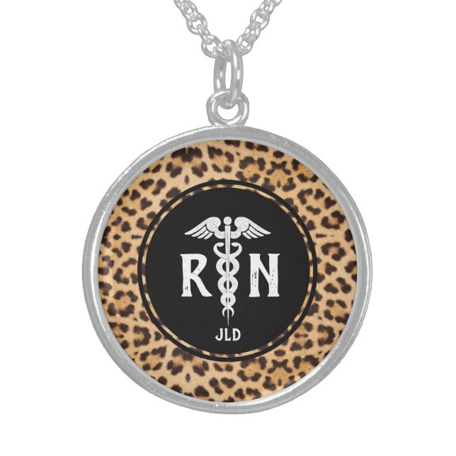Registered Nurse RN Caduceus Personalized Leopard Sterling Silver Necklace (Front)