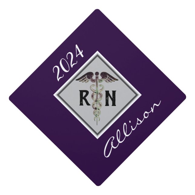 Registered Nurse RN Caduceus Personalized Purple Graduation Cap Topper (Front)
