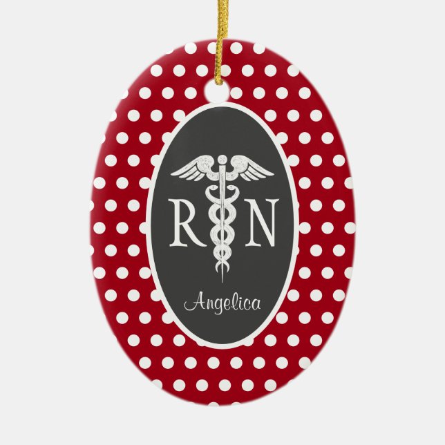 Registered Nurse RN Caduceus Personalized Red Ceramic Ornament (Front)