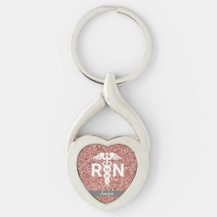 Registered Nurse RN Caduceus Rose Gold Glitter Keychain