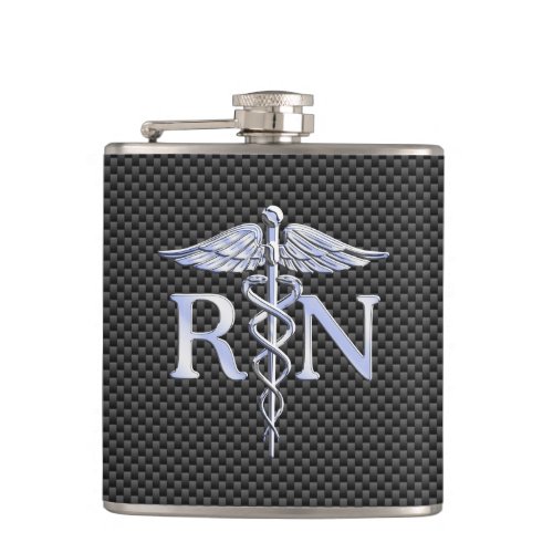 Registered Nurse RN Caduceus Snakes Black Carbon Hip Flask