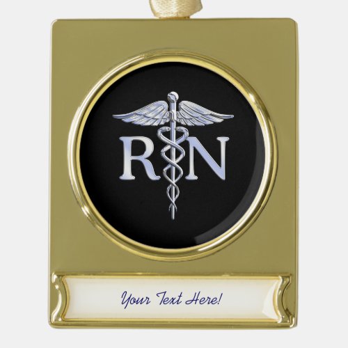 Registered Nurse RN Caduceus Snakes Solid Black Gold Plated Banner Ornament