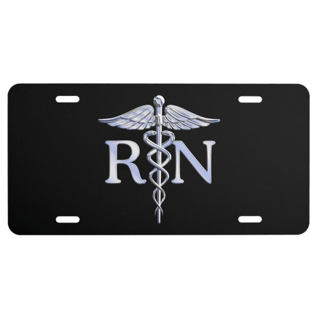 Registered Nurse RN Caduceus Snakes Solid Black License Plate (Front)