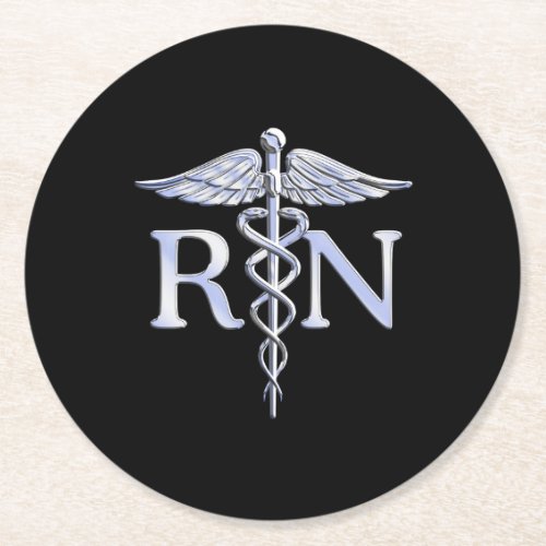 Registered Nurse RN Caduceus Snakes Solid Black Round Paper Coaster