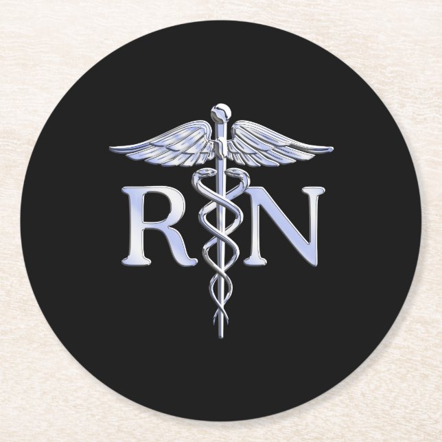 Registered Nurse RN Caduceus Snakes Solid Black Round Paper Coaster (Front)