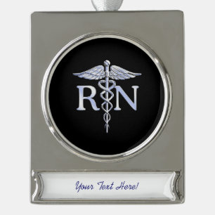 Registered Nurse RN Caduceus Snakes Solid Black Silver Plated Banner Ornament