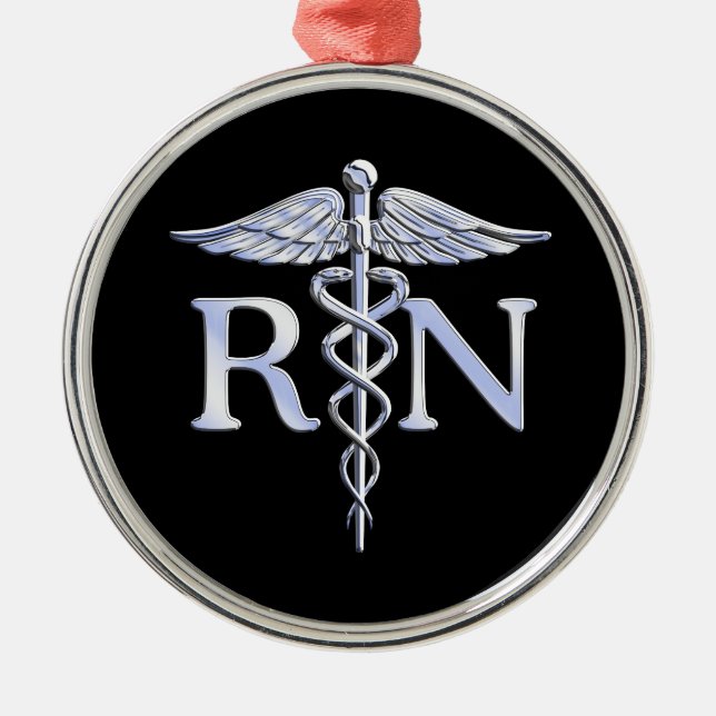 Registered Nurse RN Caduceus Snakes Style on Black Metal Ornament (Front)