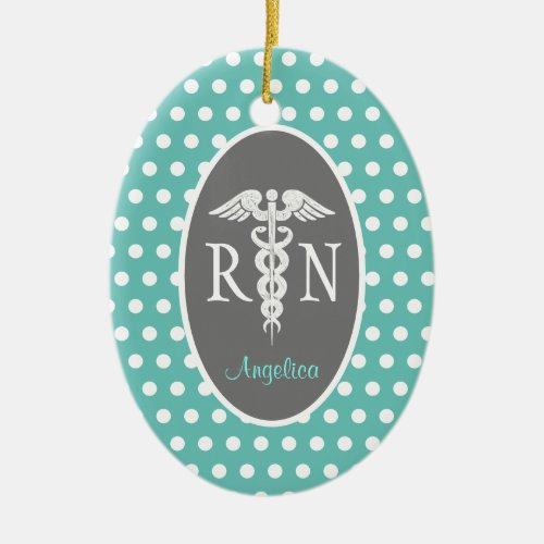 Registered Nurse RN Caduceus Teal Personalized Ceramic Ornament