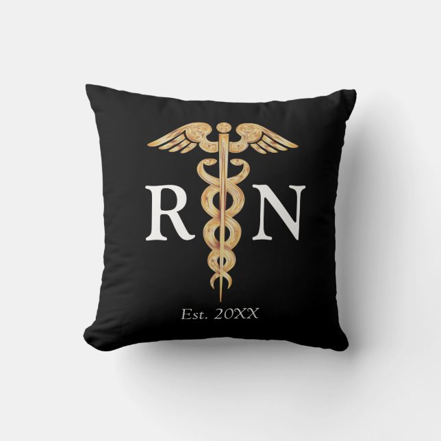 Registered Nurse RN Gold Caduceus Custom Black Throw Pillow (Front)