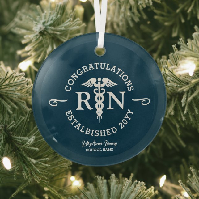 Registered Nurse RN Graduation Keepsake Monogram Glass Ornament (Insitu)