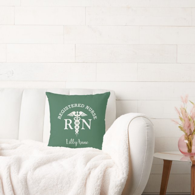 Registered Nurse RN Green White Graduation Name Throw Pillow (Couch)