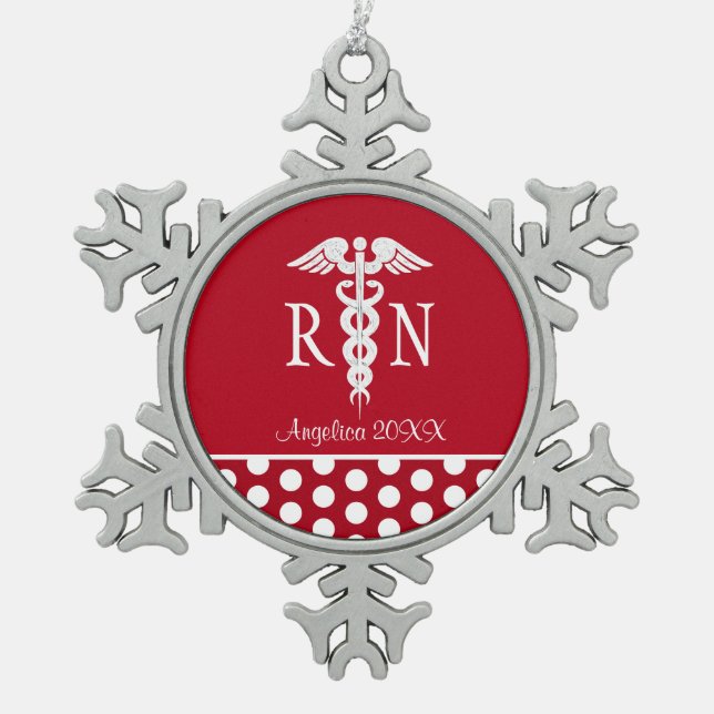 Registered Nurse RN Medical Caduceus Personalized Snowflake Pewter Christmas Ornament (Front)