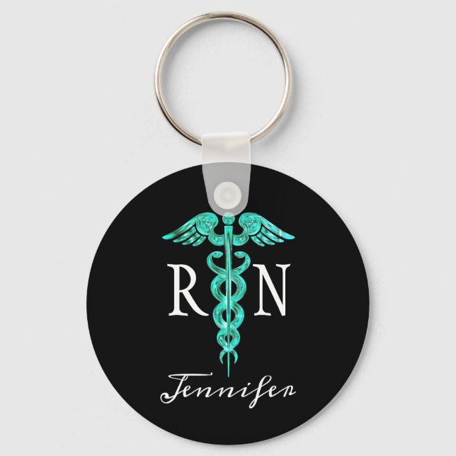 Registered Nurse RN Medical Caduceus Turquoise Keychain (Front)