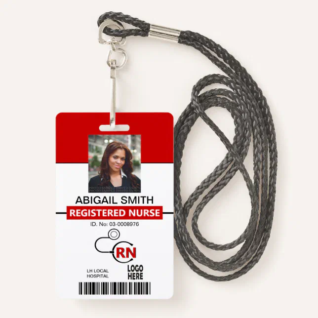 Registered nurse RN red photo template Badge | Zazzle