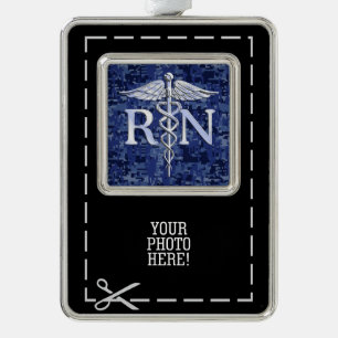 Registered Nurse RN Silber Caduceus Navy Blue Camo Christmas Ornament