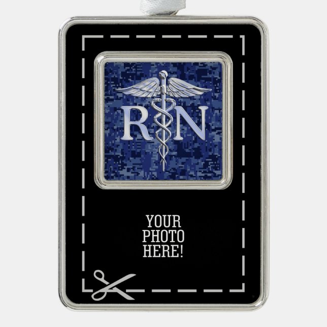 Registered Nurse RN Silber Caduceus Navy Blue Camo Christmas Ornament (Front)