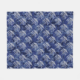 Registered Nurse RN Silber Caduceus Navy Blue Camo Fleece Blanket