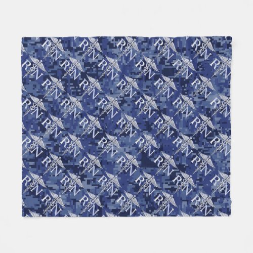 Registered Nurse RN Silber Caduceus Navy Blue Camo Fleece Blanket