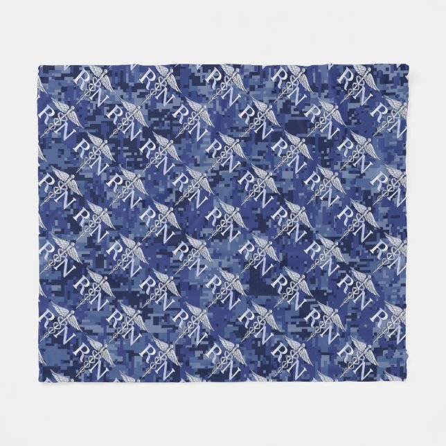 Registered Nurse RN Silber Caduceus Navy Blue Camo Fleece Blanket (Front (Horizontal))